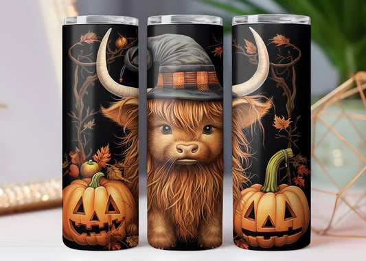 Witch Hat and Pumpkin Highland Cow Tumbler
