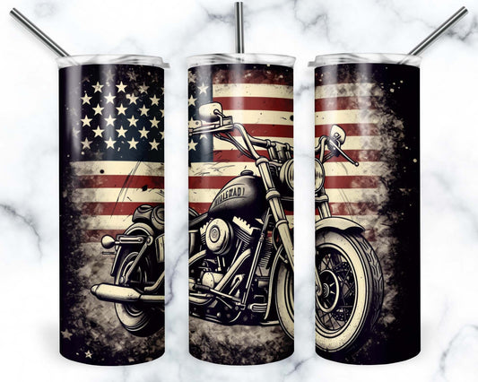Motorcycle with American Flag Tumbler